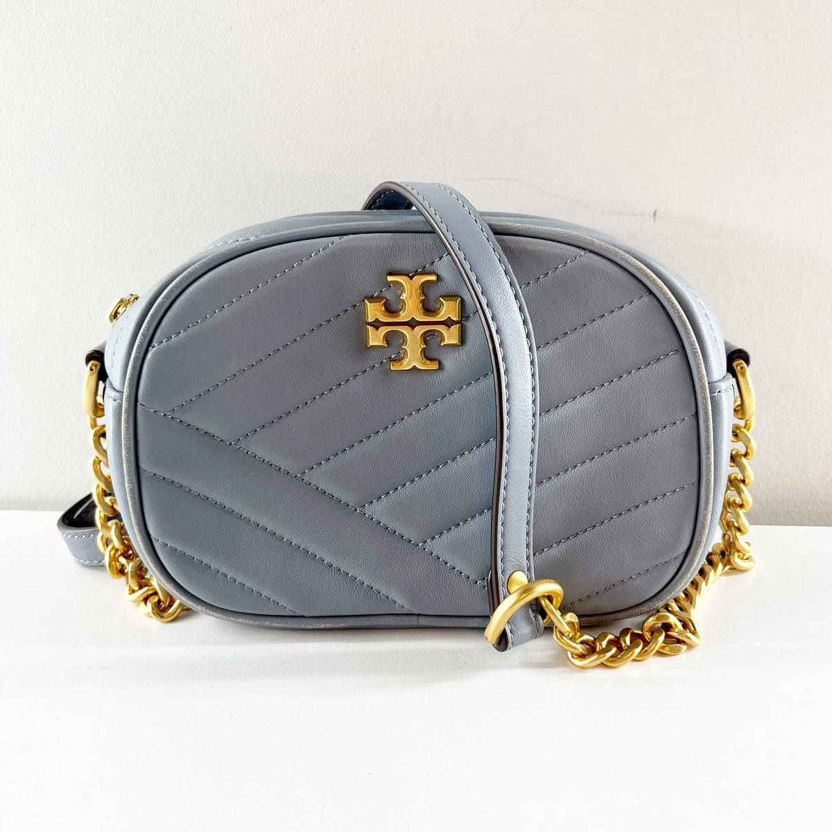 Tory Burch Kira Chevron Leather Small Crossbody Bag Purse Cloud Blue