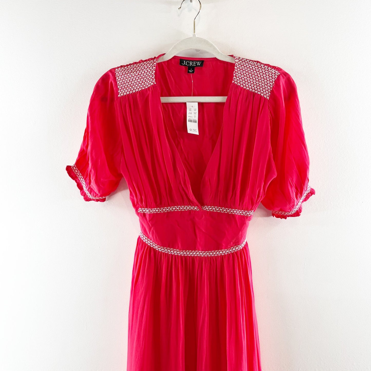 J. Crew Smocked-Trim Short Sleeve Midi Slip Dress in Crepe De Chine Red 6