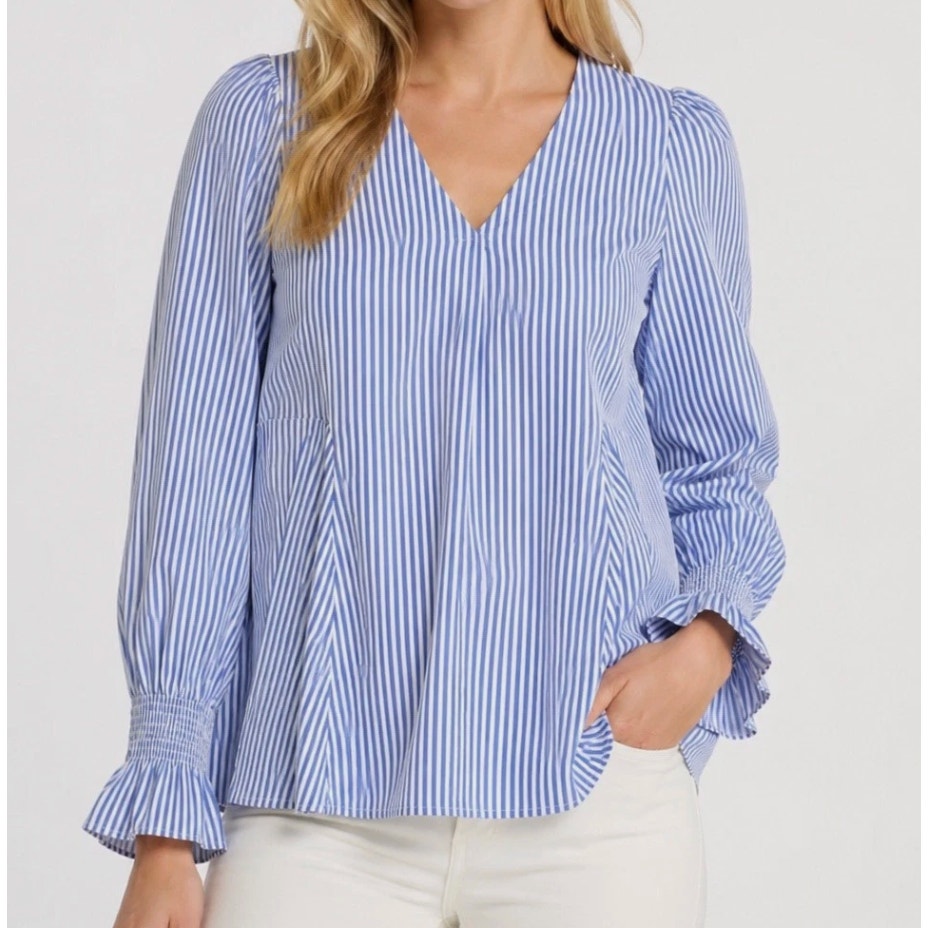 Tuckernuck Easton Striped Long Sleeve V Neck Blouse Blue Small