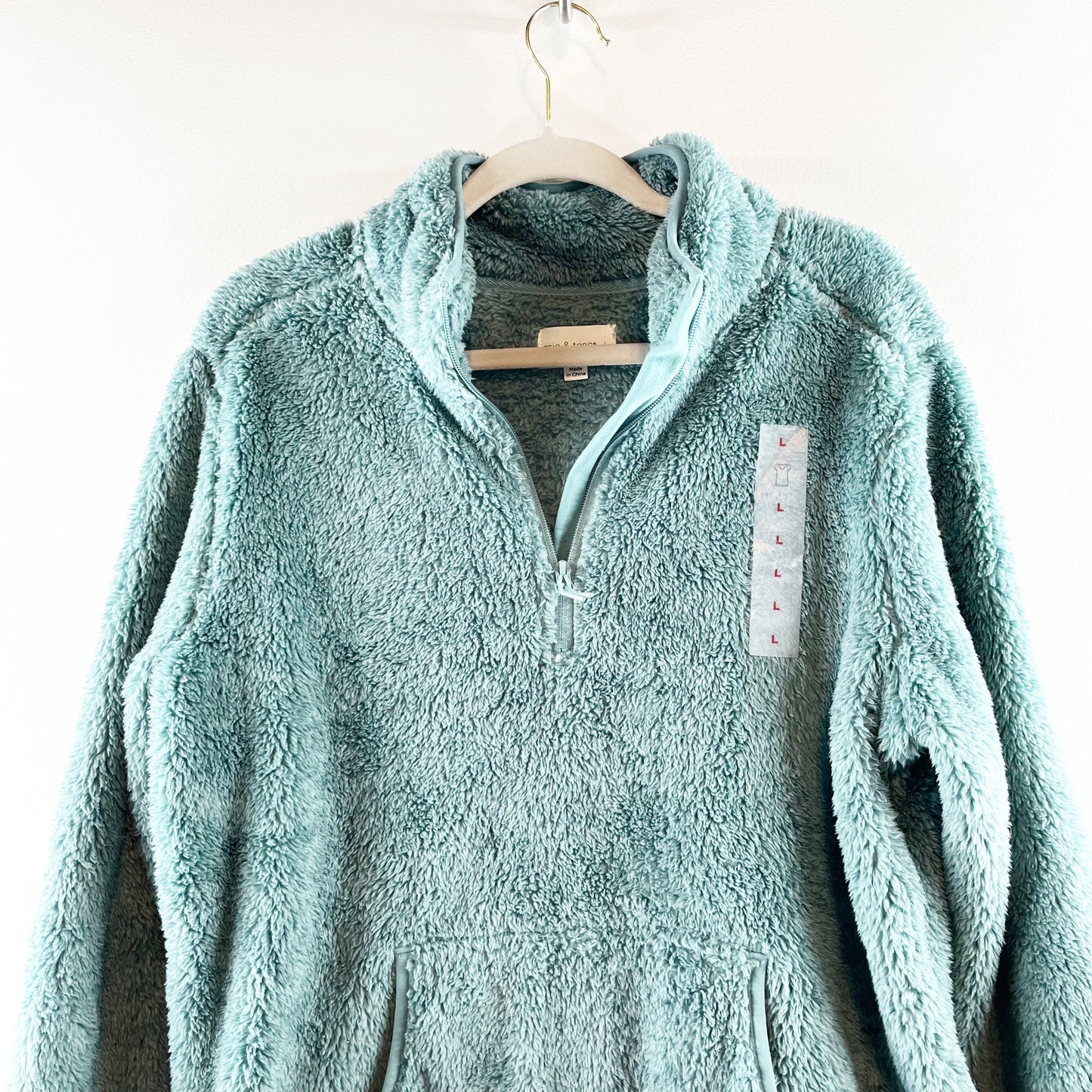 Mia & Tess Heathered Quarter Zip Fleece Sherpa Pullover Jacket Green Large