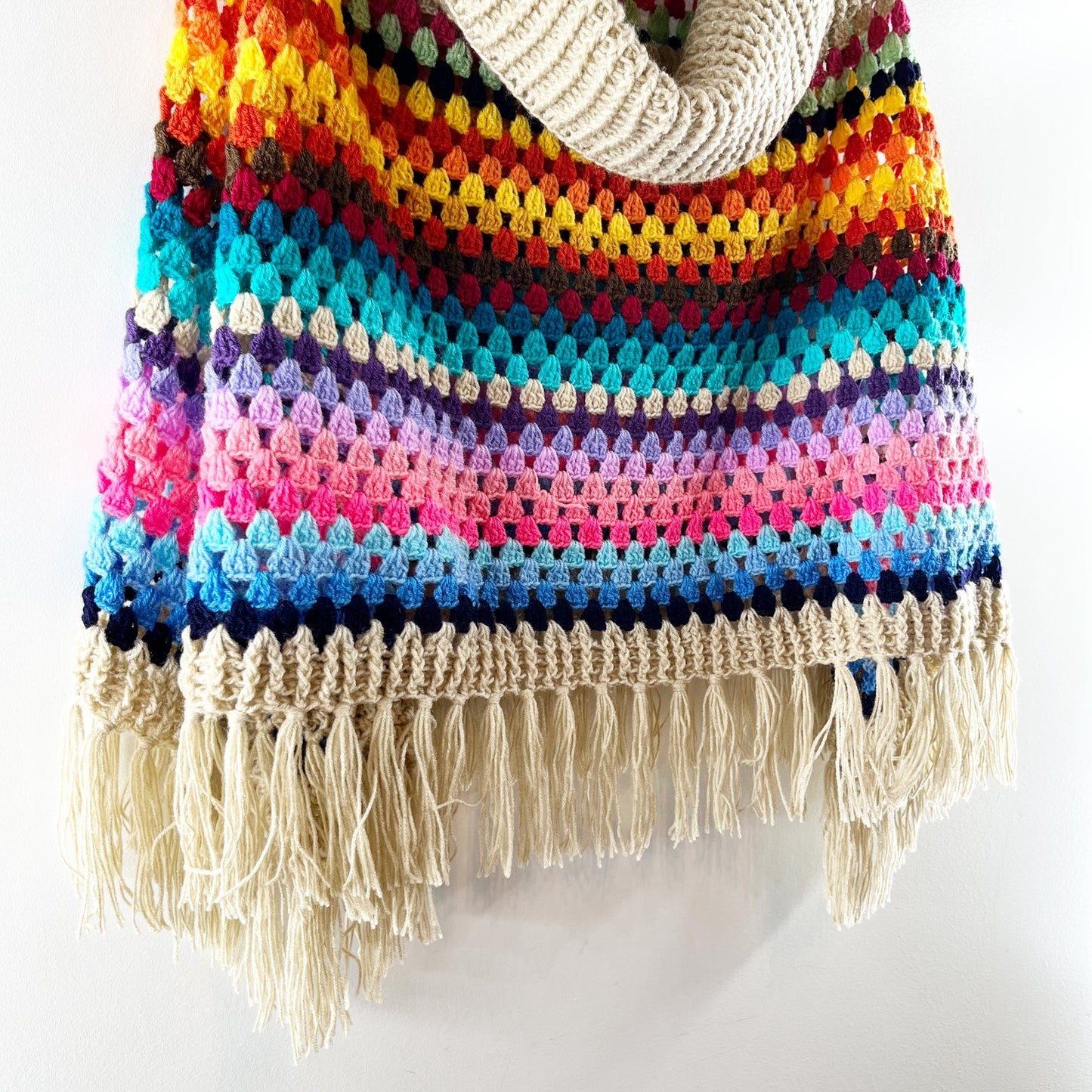 Saachi Earth to Sky Crochet Knit Poncho Rainbow Tassel Fringe Tan One Size