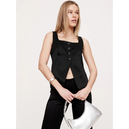 Banana Republic Satin Sleeveless Square-Neck Long Vest Black Petite 2