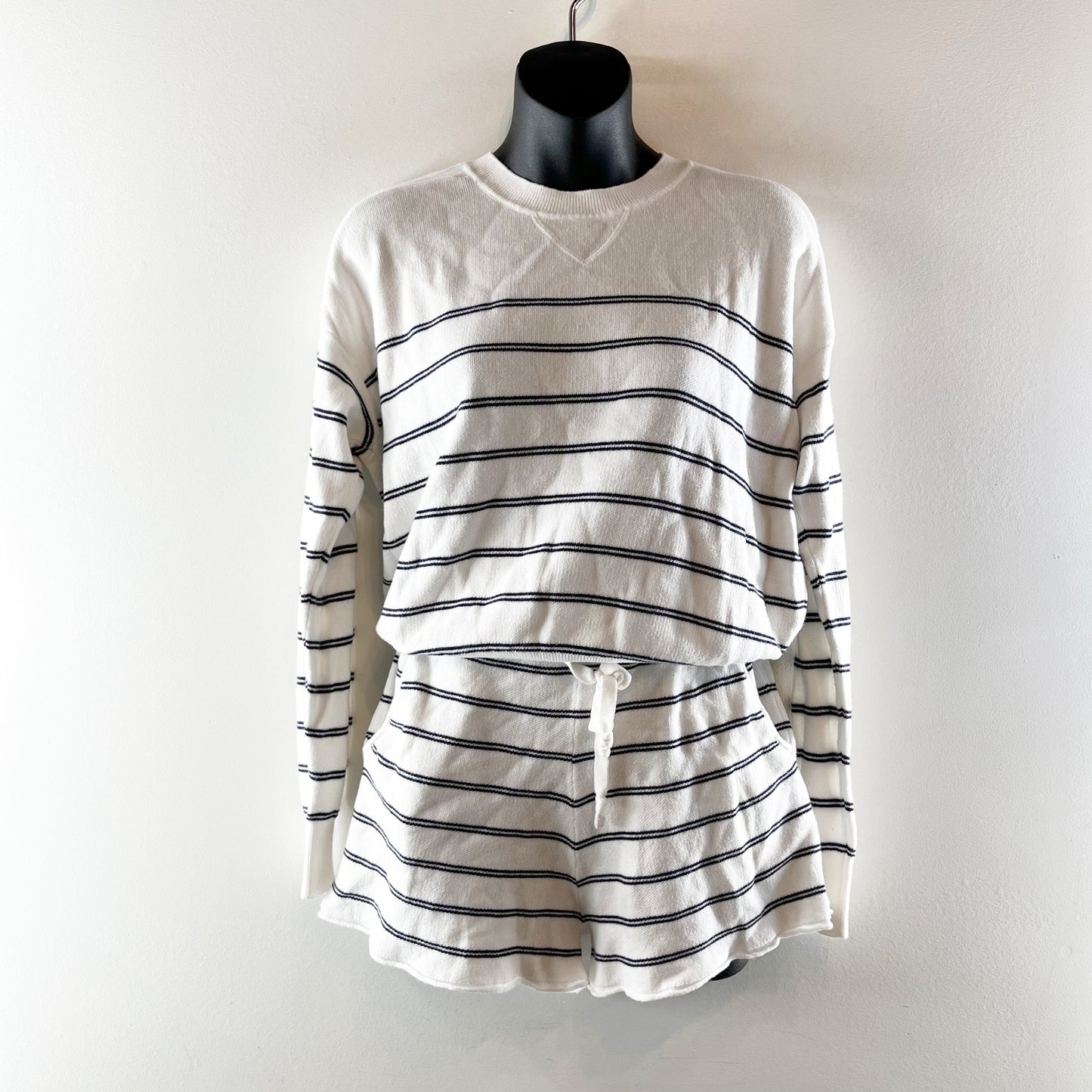 One Grey Day Striped Long Sleeve Pullover with Matching Shorts White Black XS/S