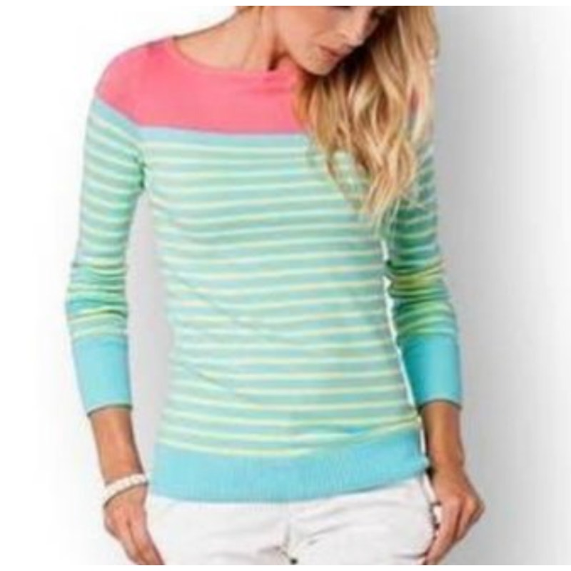 Lilly Pulitzer Maria Striped Long Sleeve Boat Neck Sweater Top Green Pink XL
