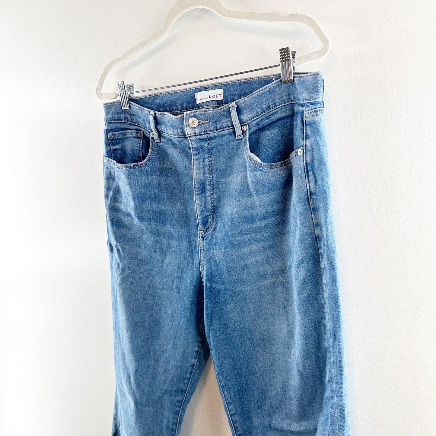 LOFT The High Rise Slim Flare Raw Hem Jeans Blue 14 / 32