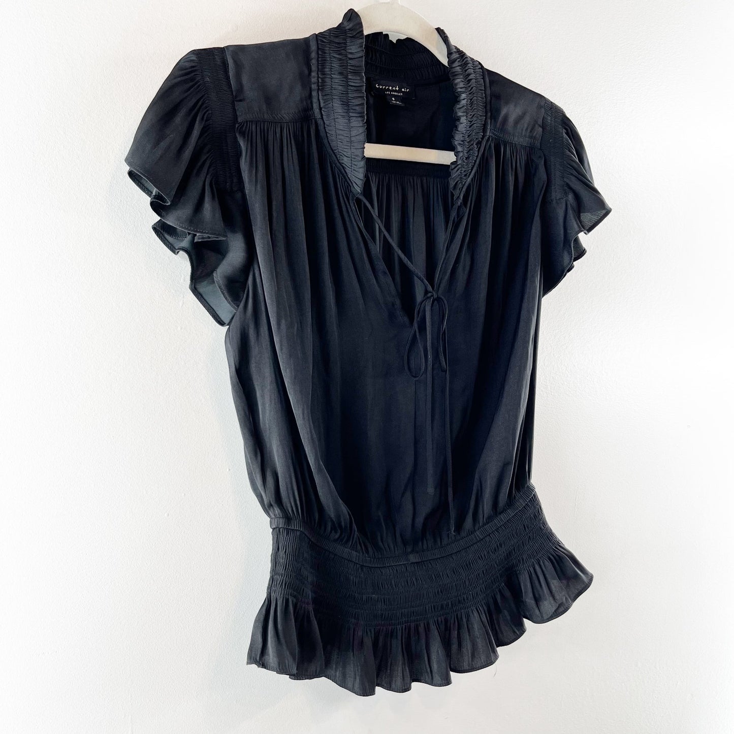 Current Air Los Angeles V-Neck Flutter Sleeve Smocking Waist Blouse Black Small