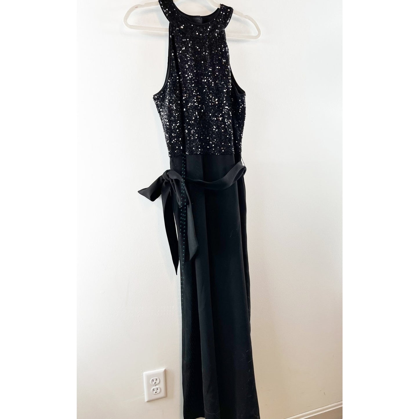 Talbots Embellished Sequin Crepe Halter Tie Waist Wide Leg Jumpsuit Black 12