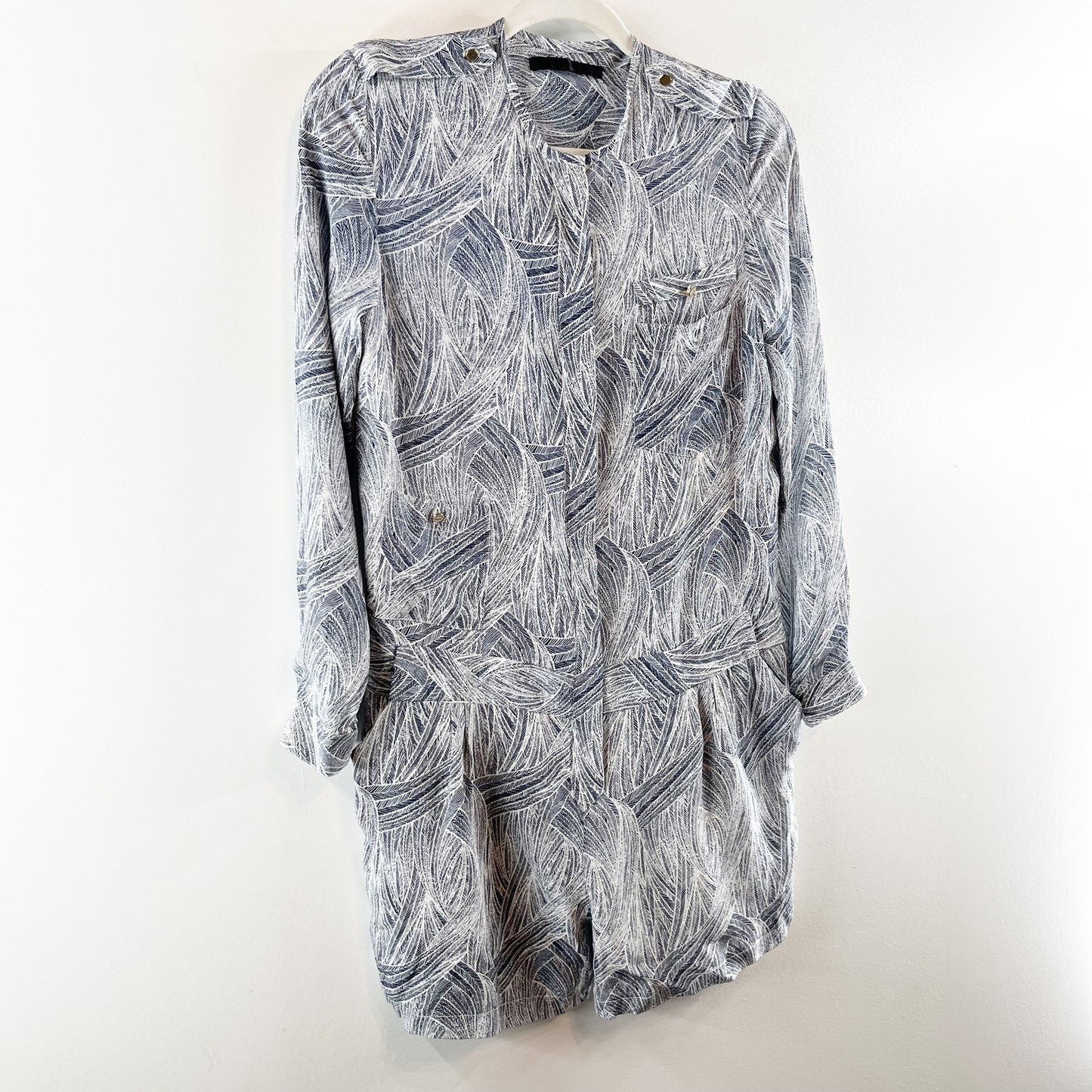 Jenni Kayne Long Sleeve Leaf Printed Silk Shorts Romper One Piece Gray XS