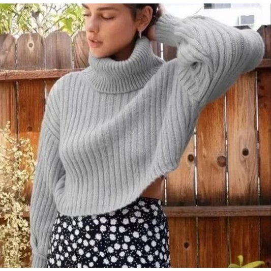 Urban Outfitters Cropped Ribbed Chunky Turtleneck Mia Sweater Gray Medium