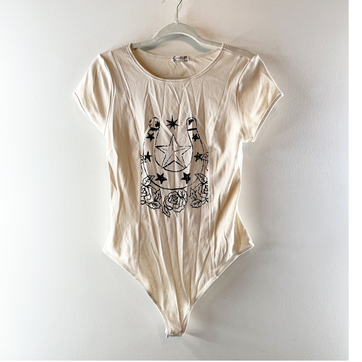 Free People Desert Darling Short Sleeve Western Horseshoe Bodysuit Top Cream L