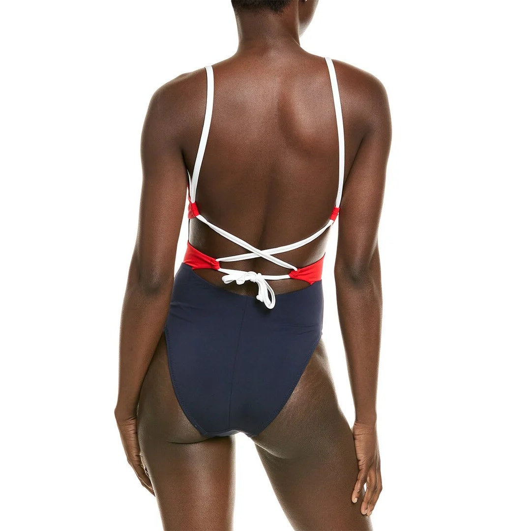 Robin Piccone Babe Colorblock Strappy Back One-Piece Swimsuit Navy Blue Red 6