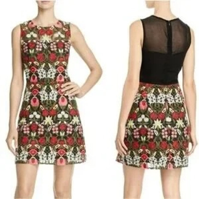 Lucy Paris Marina Floral Embroidered Sleeveless Mini Dress Red Black Small