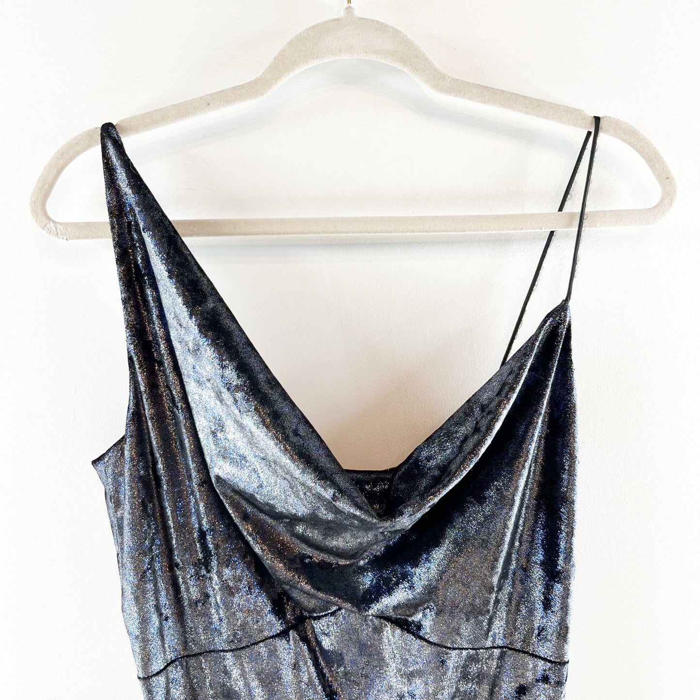 Nicole Miller Metallic Asymmetric Cowl Neck Maxi Mermaid Dress Silver Blue 10