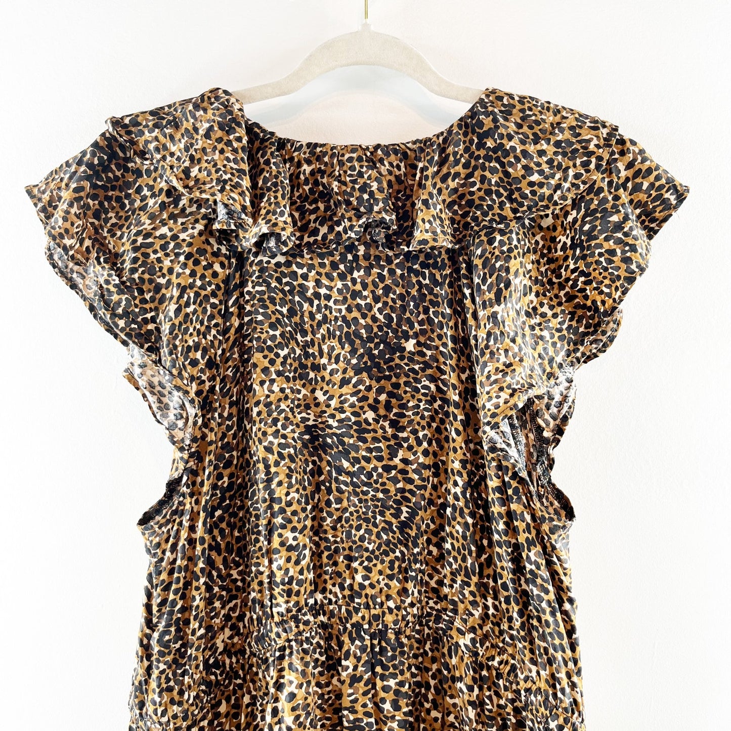 Old Navy Waist Defined Ruffle Trim Mini Dress Leopard Wild Spots Brown XL