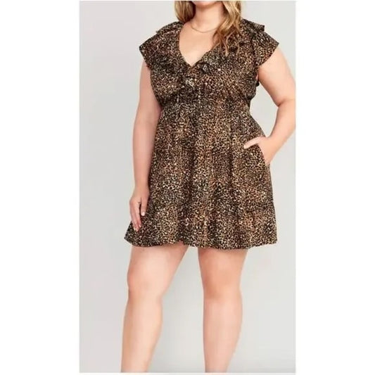 Old Navy Waist Defined Ruffle Trim Mini Dress Leopard Wild Spots Brown XL