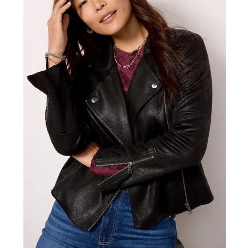 Evereve Marren Long Sleeve Full Zip Faux Leather Moto Jacket Black Medium