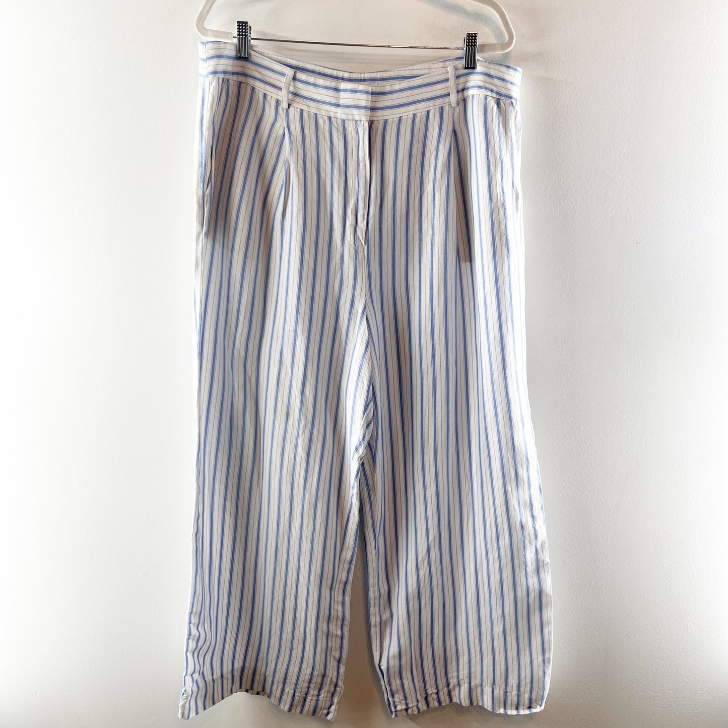 LOFT Peyton Striped Linen High Waisted Wide-Leg Trouser Pants White Blue 16