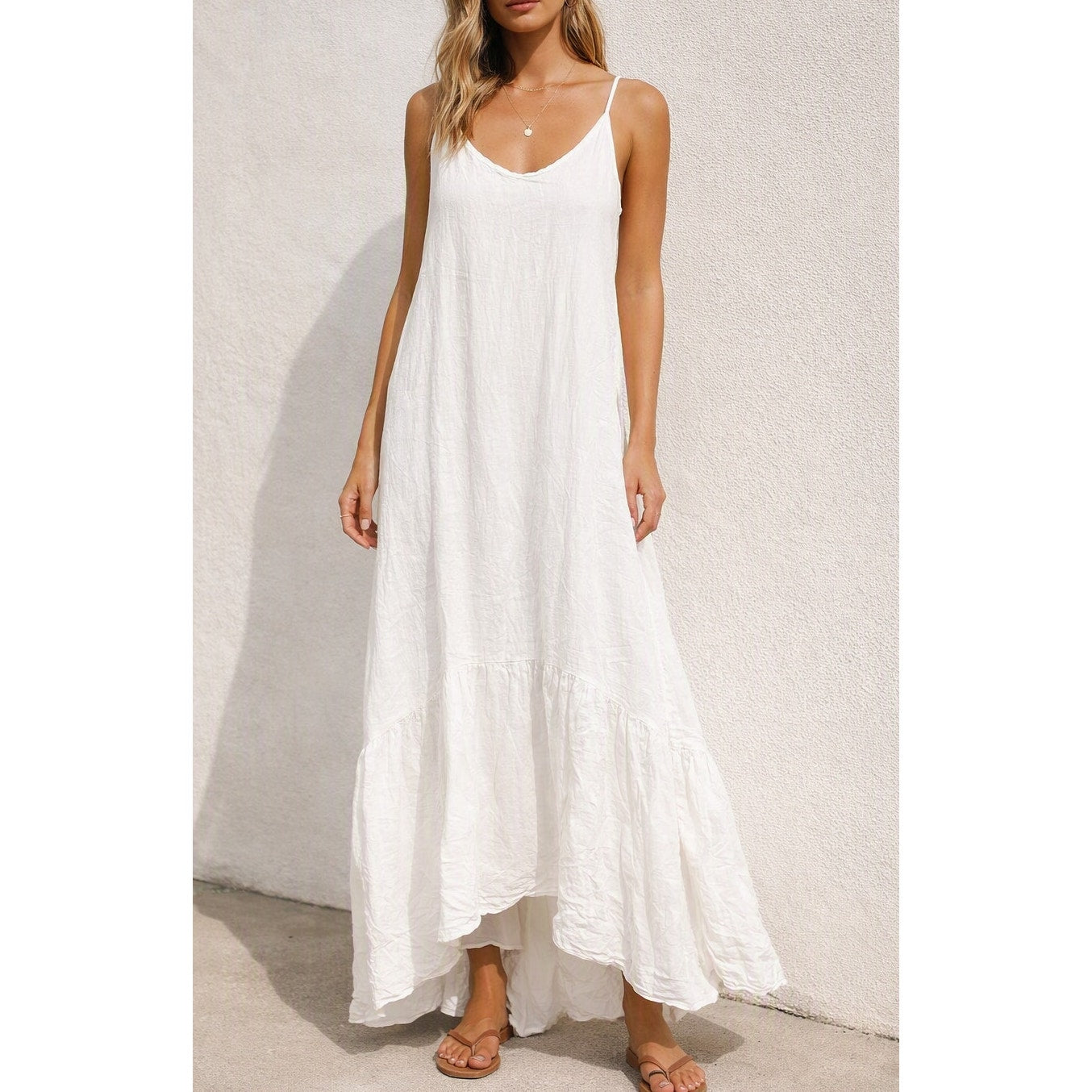 Terzo Millennio 100% Linen Sleeveless V-Neck Tiered Maxi Dress White Large