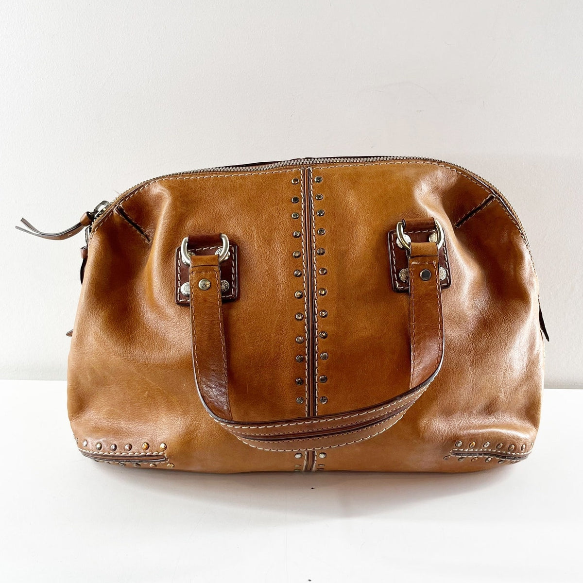 Michael Kors Studded Leather Shoulder Tote Bag Purse Brown
