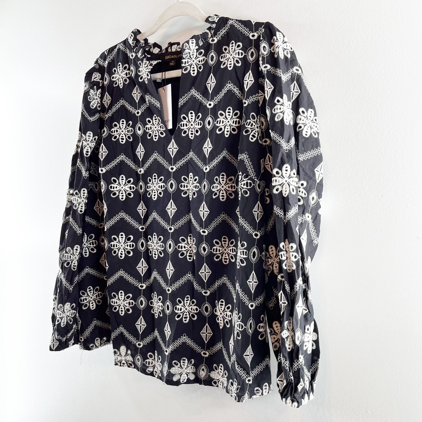 Sugarlips Embroidered Boho Long Sleeve Blouse Top Shirt Black White 1X
