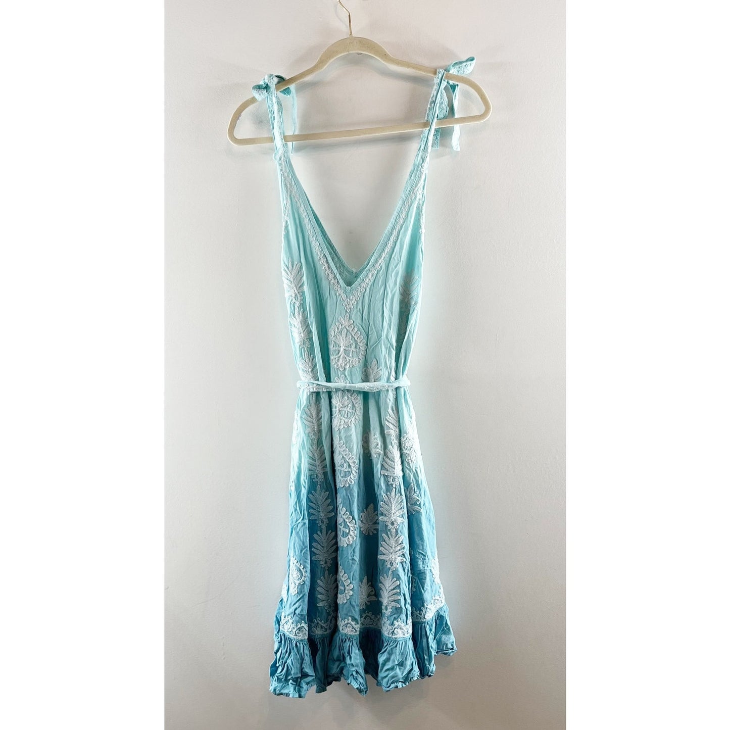 Pranella Embroidered Tie Shoulder V-Neck Ruffle Mini Sundress Ombre Blue 2