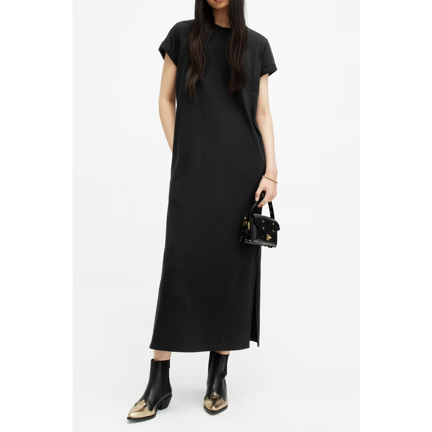 Allsaints Anna Crew Neck Short Sleeve Cotton Maxi T-Shirt Dress Black 8