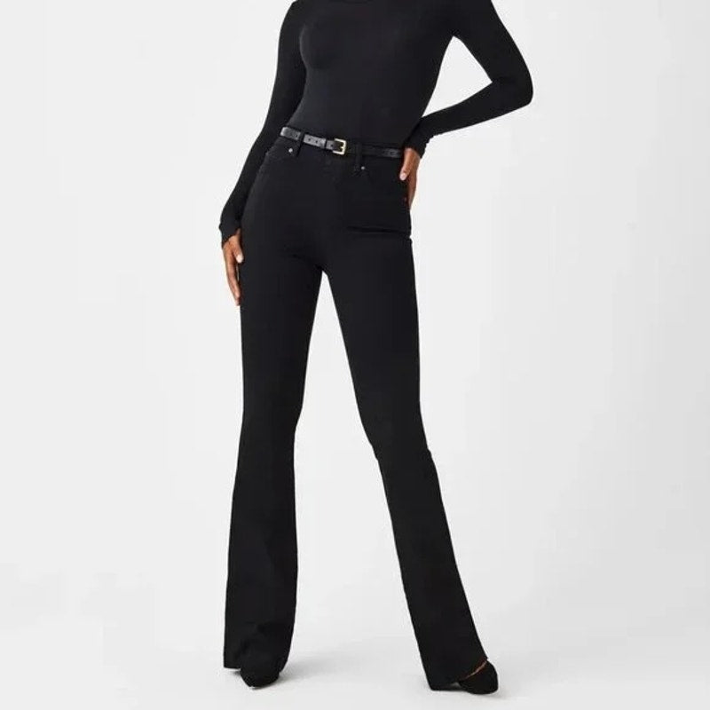 Spanx High Rise Pull On Flare Jeans Stretch Black Small NWT