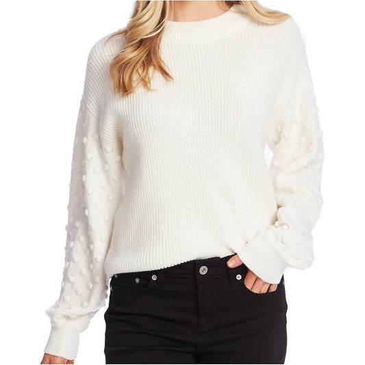 CeCe Puff Sleeve Bubble Ribbed Sweater in Antique White Small