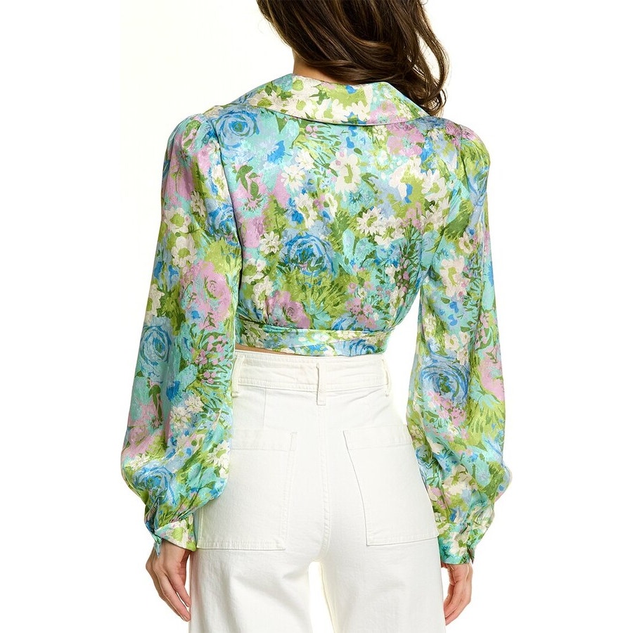 Ronny Kobo Demna Silk-Blend Floral Long Sleeve Crop Blouse Top Green Multi XL