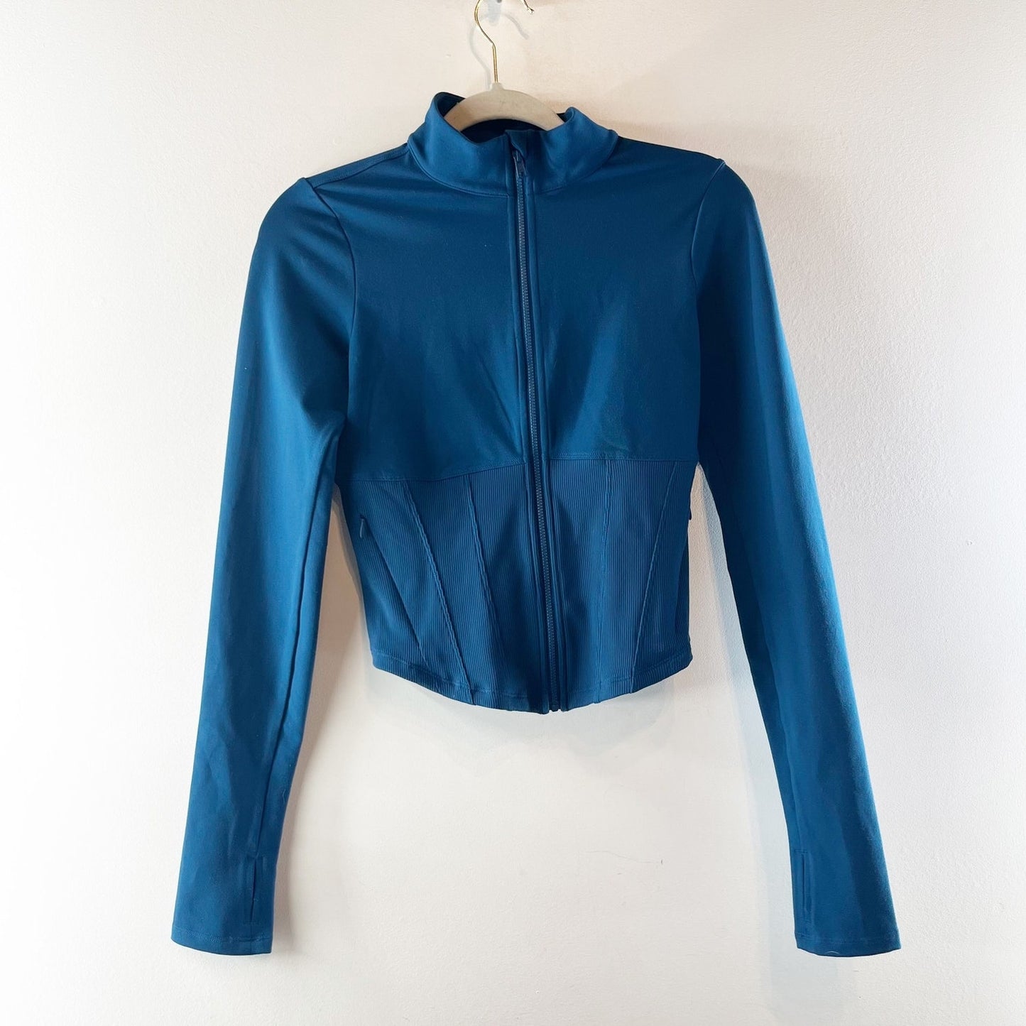 Alo Airbrush Corset Full Zip Long Sleeve Fitted Jacket Eclipse Blue Small
