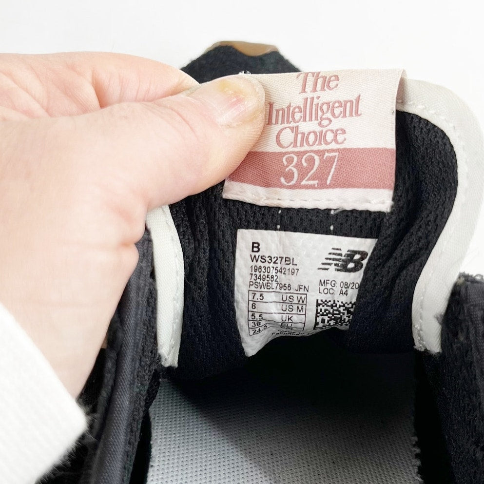 New Balance 327 Synthetic Suede N Logo Low Top Sneakers Black White Gum 7.5