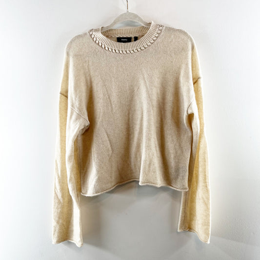 Theory Ribbon Trim Long Sleeve Roll Hem Cashmere Sweater Tan Large