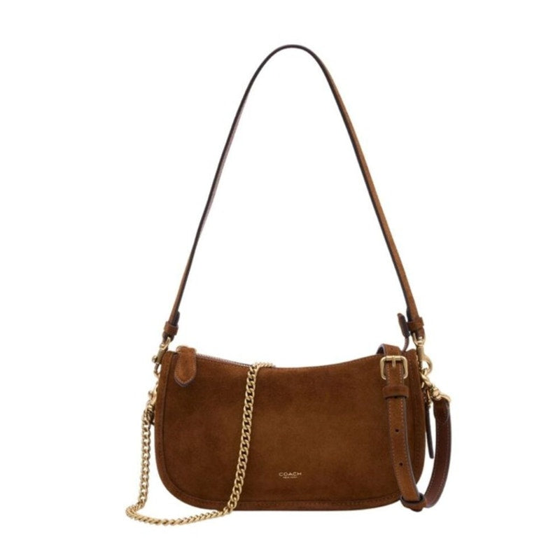 Coach Suede Waverly Shoulder Handbag Purse with Chain Strap Warm Brown