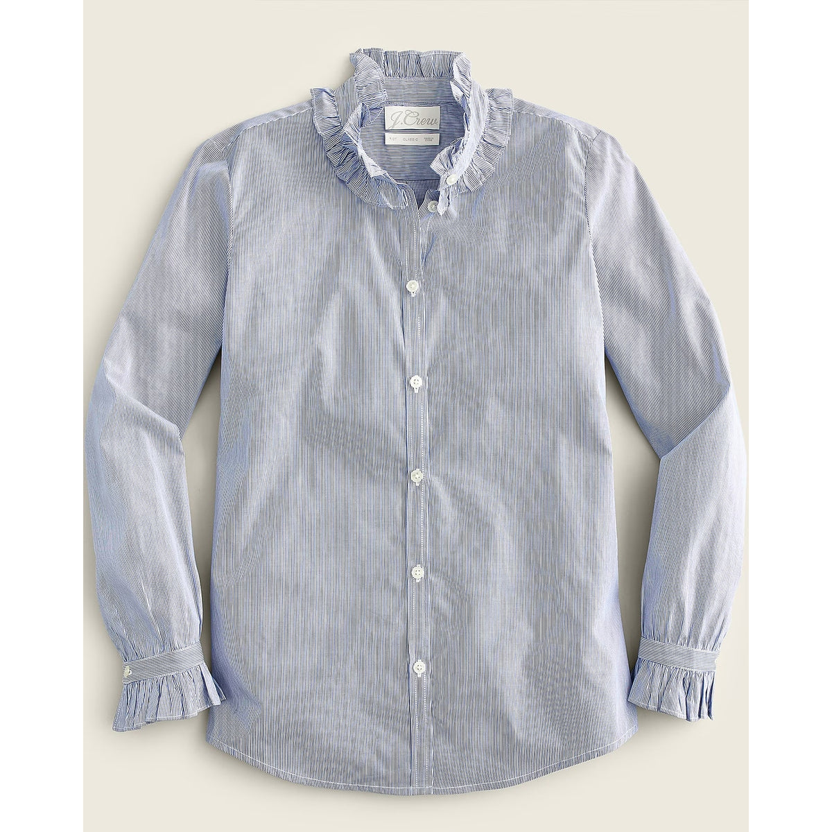 J. Crew Striped Long Sleeve Classic-Fit Ruffleneck Button-Up Shirt Blue White 18