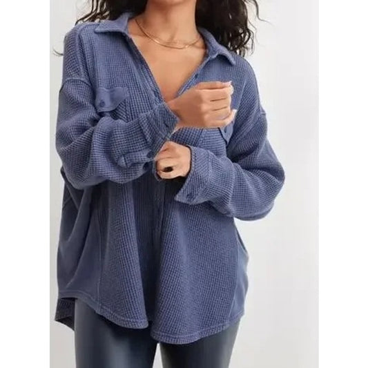 Aerie Lumberjane Waffle Knit Long Sleeve Snap Button Up Shacket Blue Small