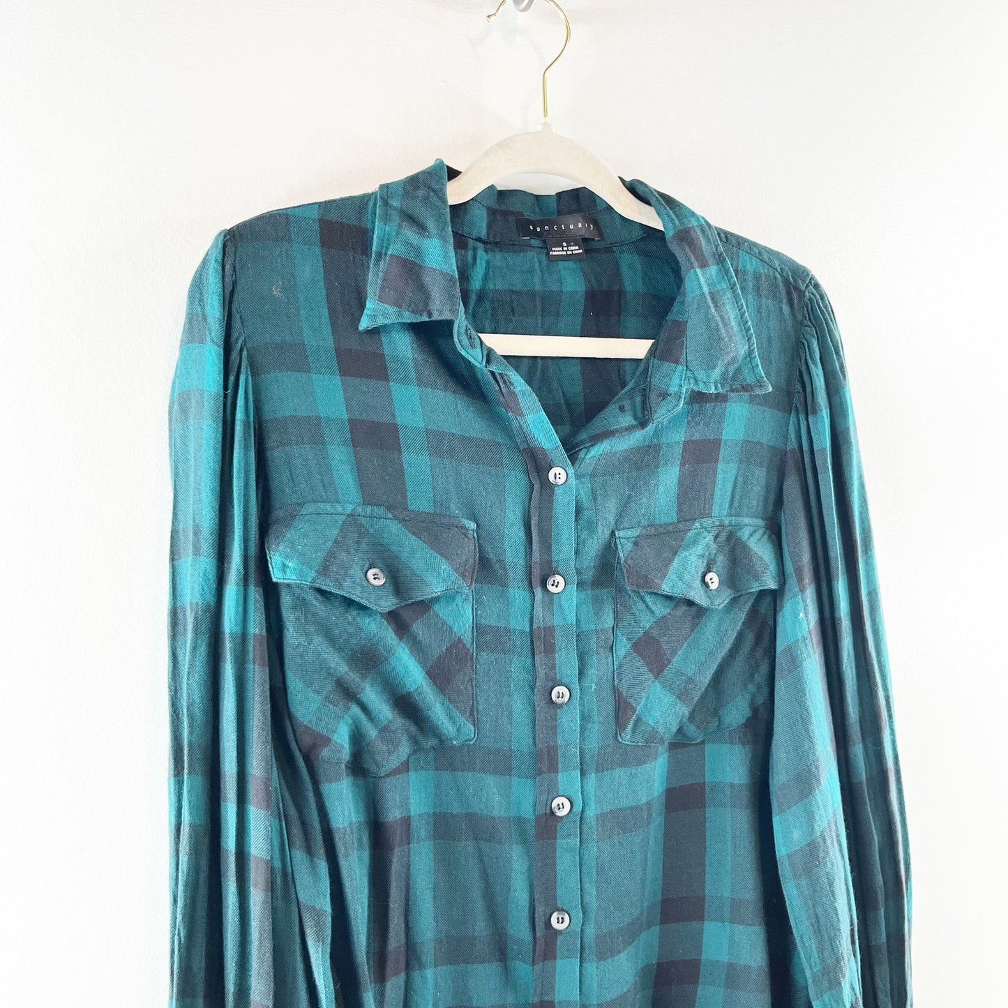 Sanctuary Fireside Boyfriend Button Down Plaid Shirt Teal Green Black Small