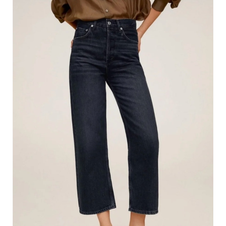 MNG Mango Gabriela High Rise Button Fly Straight Leg Cropped Jeans Black 2