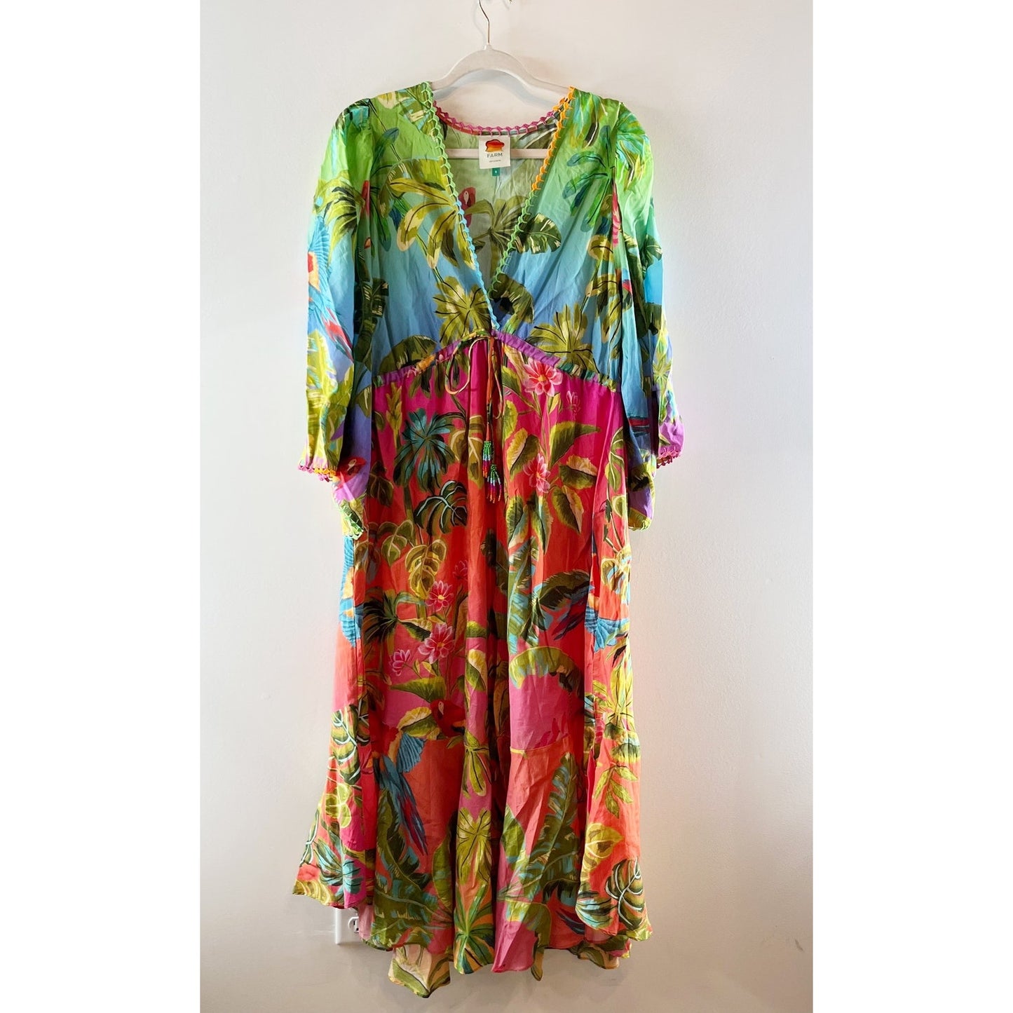 Farm Rio Ombre Forest Ruffle Long Sleeve Maxi Caftan Dress Green Blue Pink Small