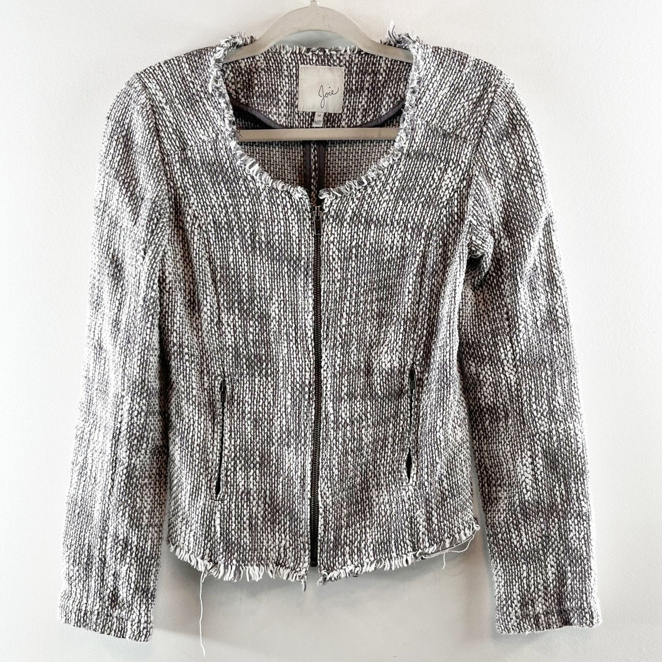 Joie Collins Long Sleeve Raw Cut Full Zip Tweed Blazer Jacket Gray/White Medium