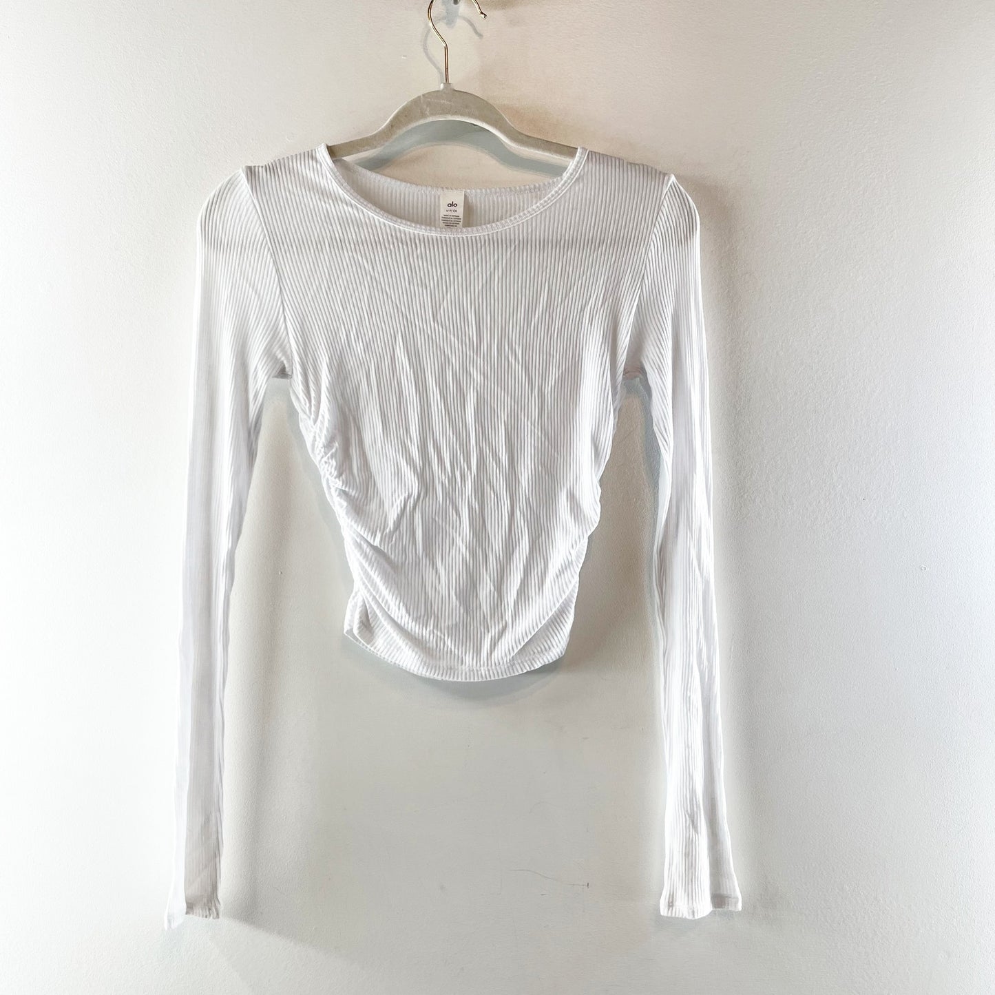 Alo Ribbed Long Sleeve Gather Top Shirt White Small
