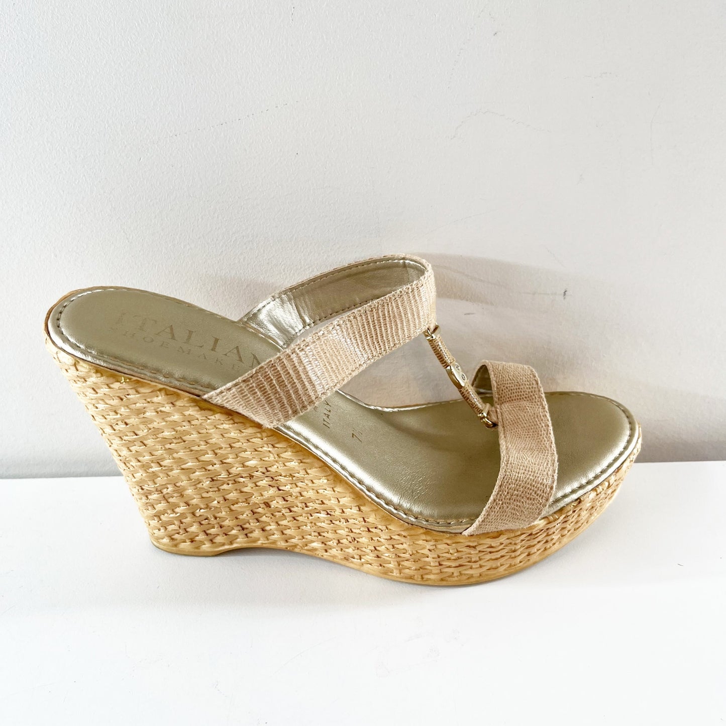 Italian Shoemakers Aida Wedge Leather Sandals Tan Beige 7.5