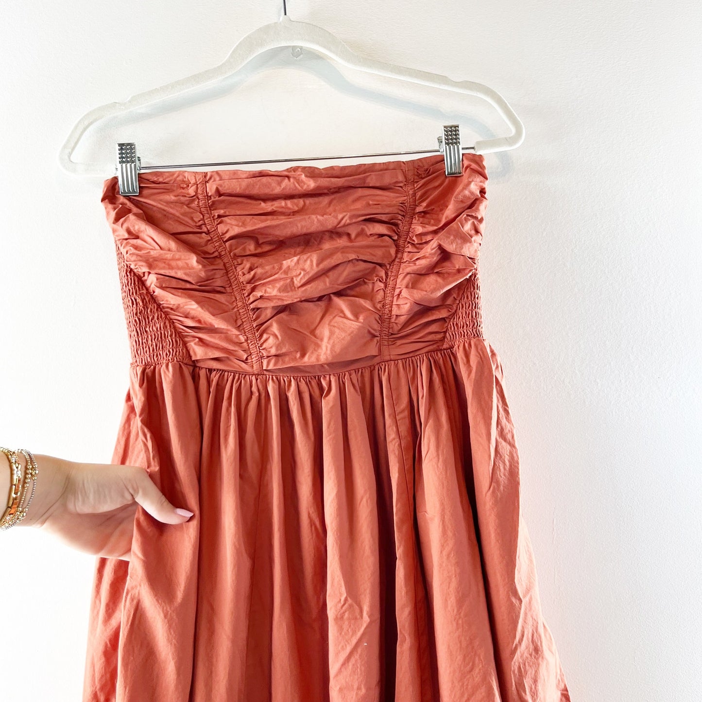 American Eagle Strapless Ruched Poplin Midi Dress Terracotta Medium