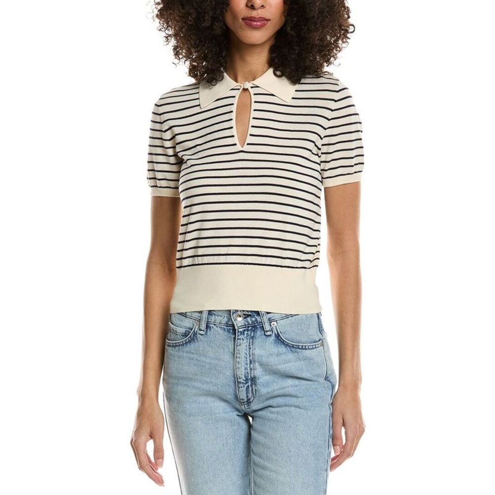 FRAME The Keyhole Polo Striped Short Sleeve Knit Top in Cream Multi Small