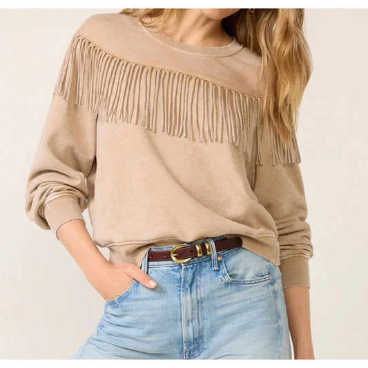 Evereve Huxley Fringe Crewneck Sweatshirt Tan Brown Small