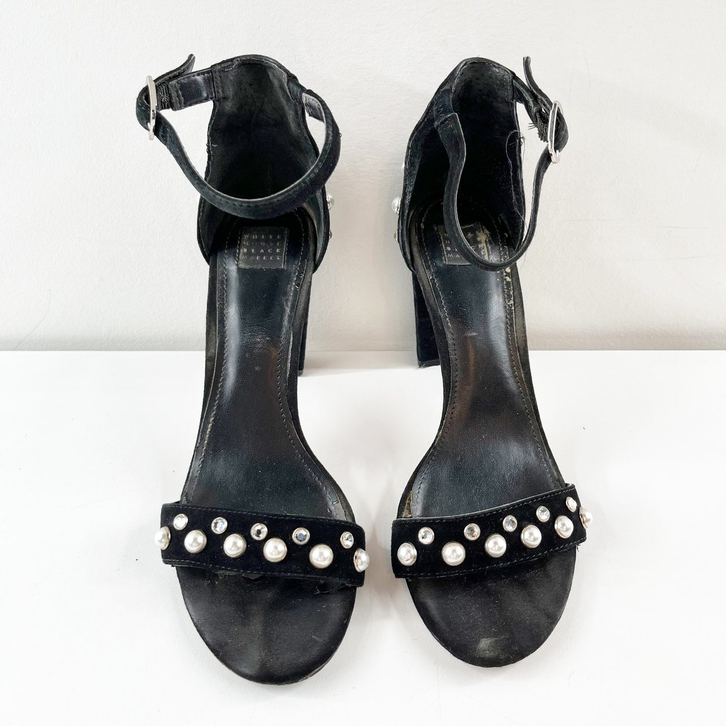 White House Black Market Mylah Pearl Rhinestone Block Heel Sandals Black 7.5
