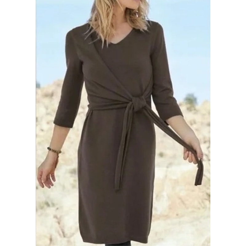 Peruvian Connection Back Bay Wrap Midi Sweater Dress Truffle Brown Small