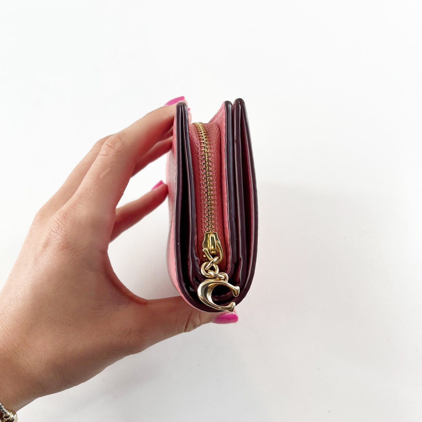 Coach Pebbled Leather Small Corner Zip Bi-Fold Wallet Pink