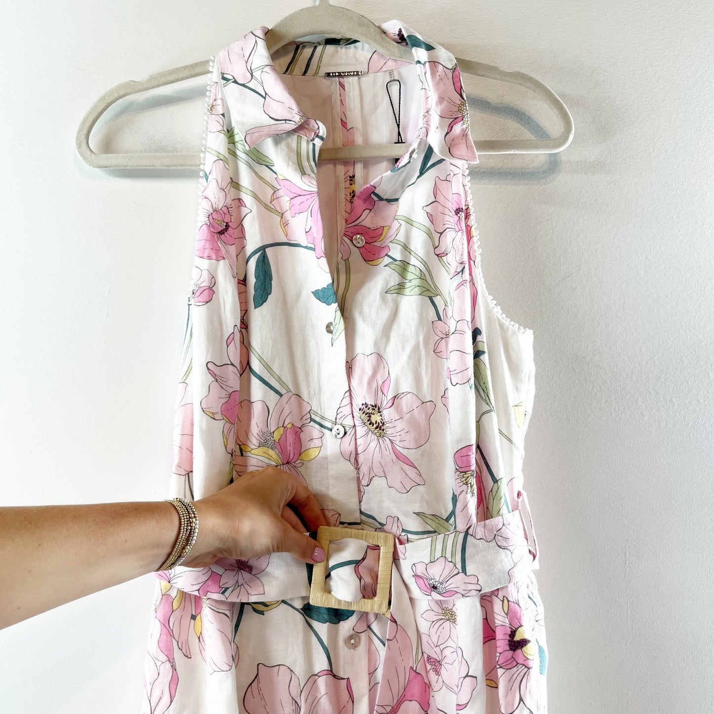 Ellie Tahari Sleeveless Button Up Maxi Shirt Dress with Belt Floral White Pink 8
