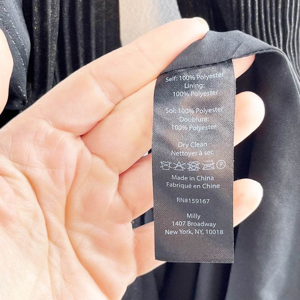 Milly V Neck Long Sleeve Pleated Liv Belted Mini Dress Black 0