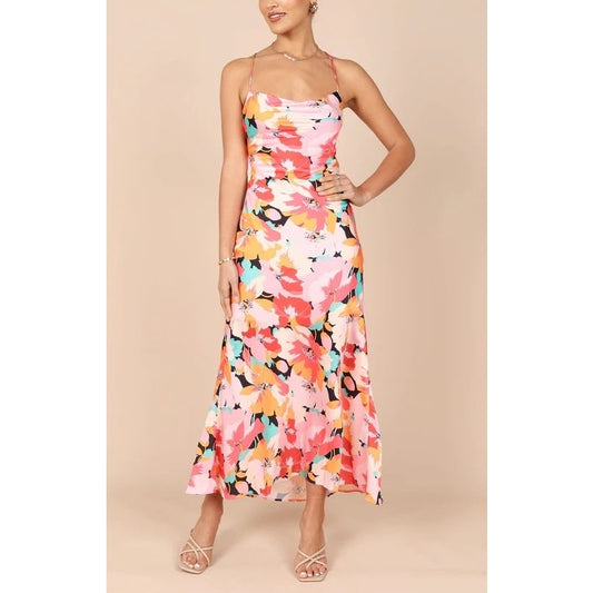 Petal + Pup Posse Floral Satin Midi Slip Dress Pink XS